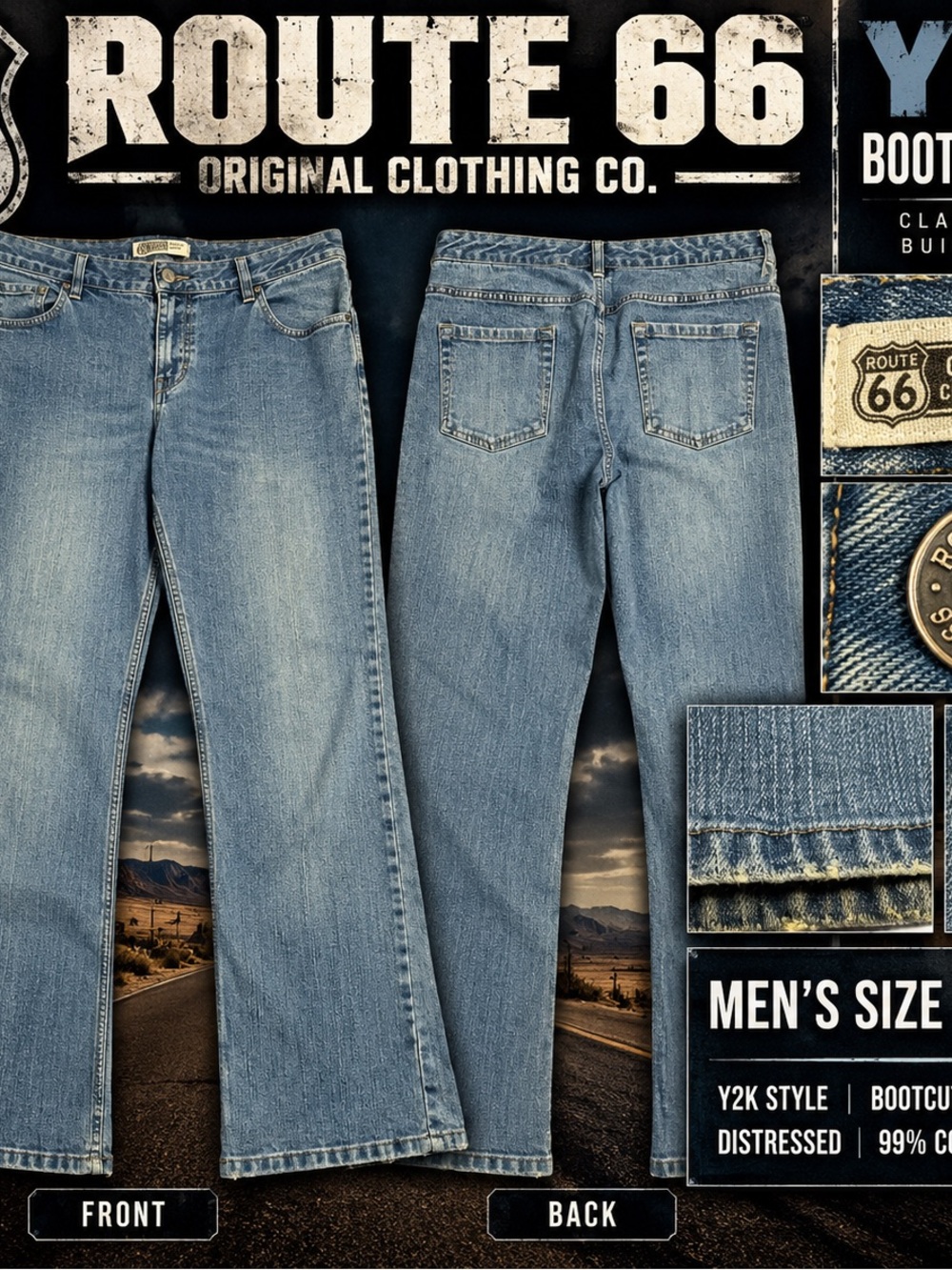 Route 66 Jeans Mens 36x31 Y2K Bootcut Distressed Faded Denim Blue Vintage Style